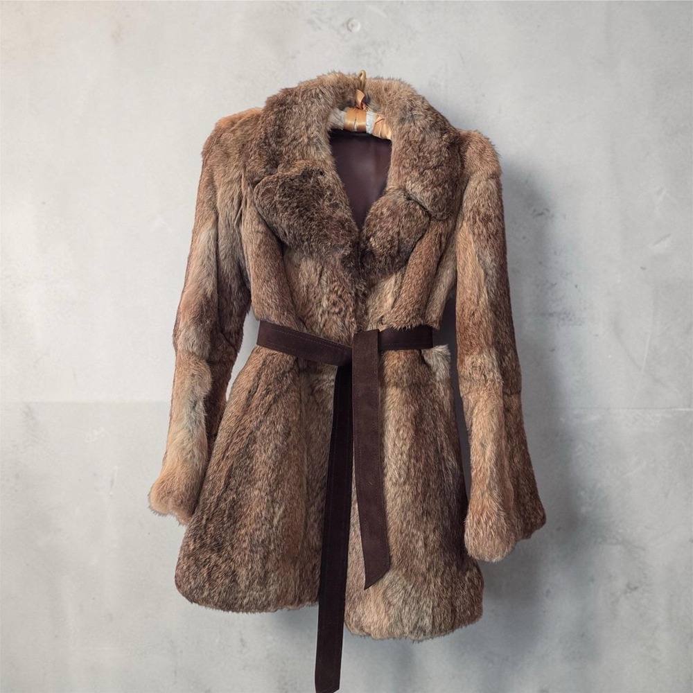Vtg 1980s Soft Genuine Rabbit Fur Coat Satin Lining Leather Tie Womens M Pockets